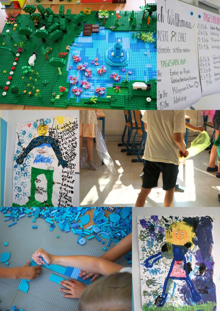 Zu sehen ist eine Collage aus sechs Bildern. Links oben eine Legolandschaft mit viel Grün und einem Springbrunnen. Rechts oben ein Flipchart mit einem Tagesablauf. In der zweiten Reihe eine Umrisszeichnung und daneben ein Bild von Kindern, die Tücher in der Hand haben. In der unteren Reihe ein Bild mit Legosteinen und eine farbig ausgemalte Umrisszeichnung.